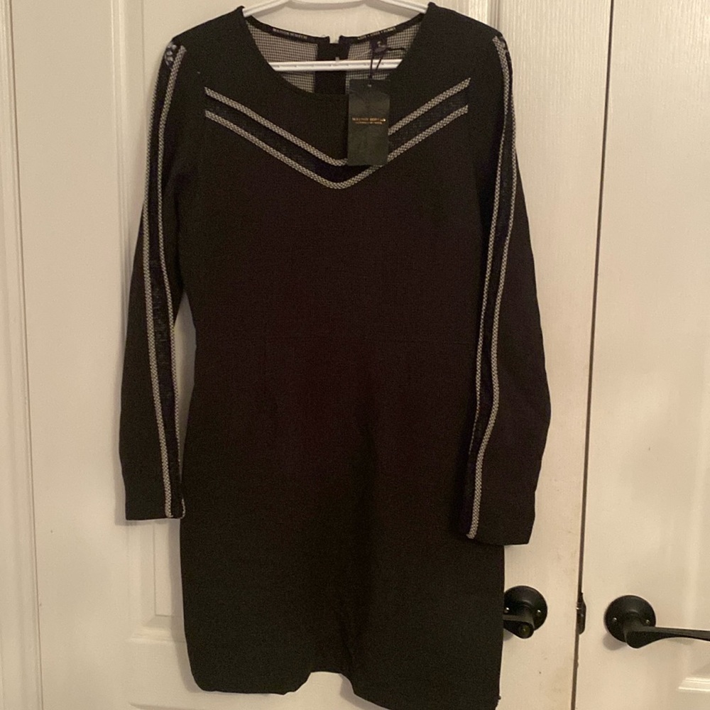 Madison Scotch Dress with lace down sleeves and around neckline.